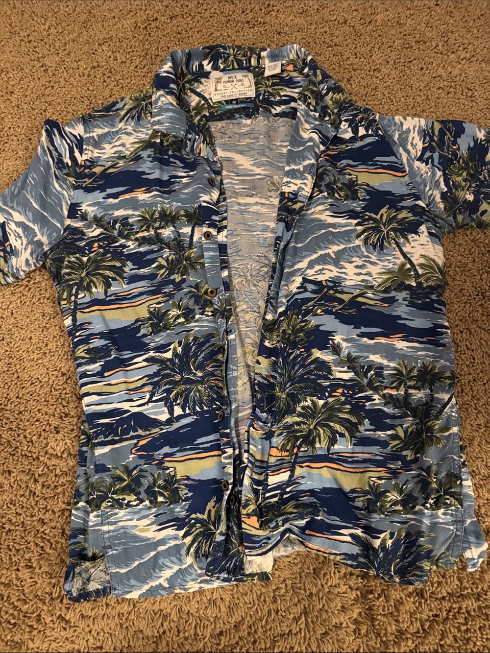 Tropical Palm Print Short-Sleeve Button-Down Shirt - Blue/Green
